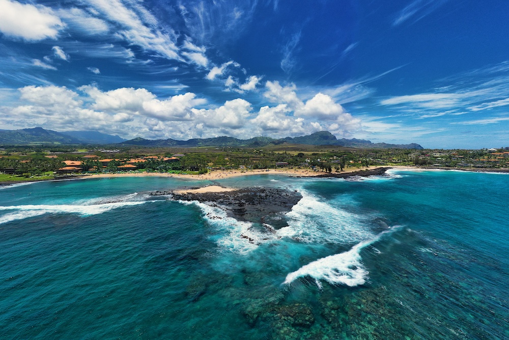 Poipu Beach view from water looking toward shore