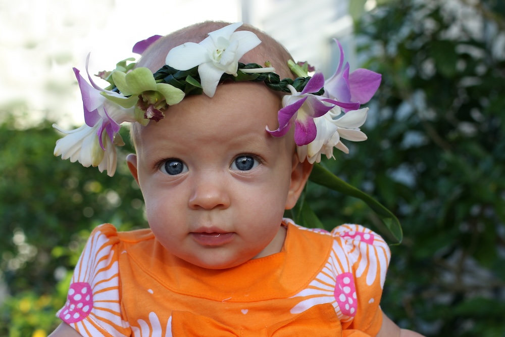 baby with a lei garland on its head