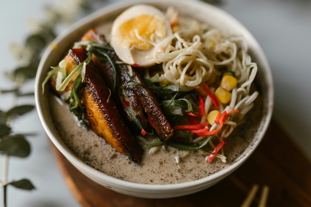 aerial view of bowl of ramen