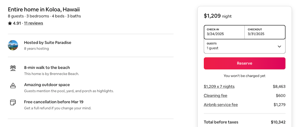 screenshot showing week-long rate of Suite Paradise property when booked with Airbnb